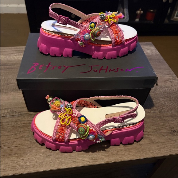 Betsey Johnson Colorful Charm Platform Sandals | Pink Multi Beaded | Size 8 - Picture 3 of 11